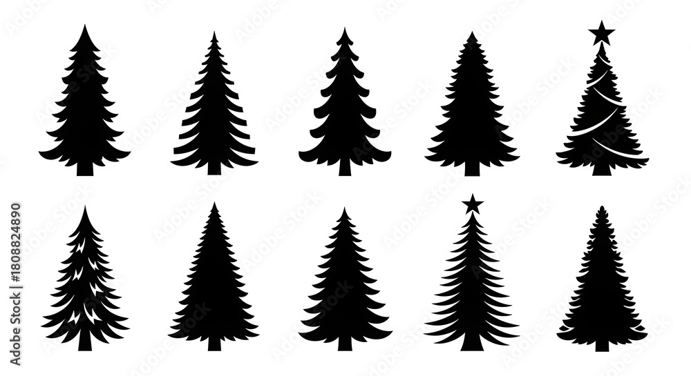 Fototapeta premium Collection of black silhouette christmas trees on white background