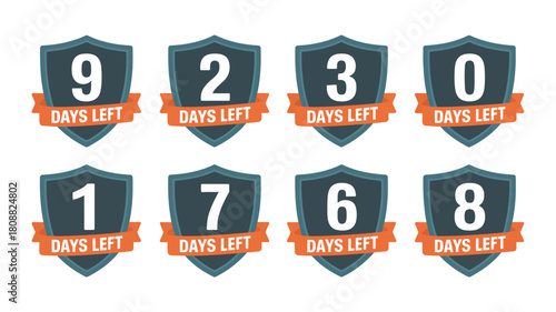 Set of shield badges indicating the number of days left in a countdown.