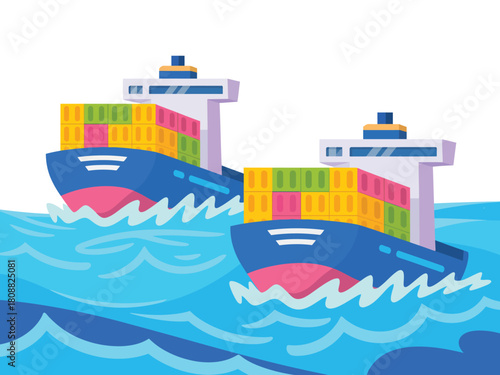 Two cargo ships carrying colorful containers sail across the ocean.