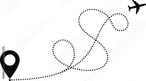 Airplane, flight path, travel, navigation, journey, aviation, route, sky, aircraft, departure, destination, looping, dotted line, vector, silhouette, air travel, global, transport, flying, wanderlust