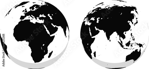 Black Earth globe, world map silhouette, Africa Asia continents, minimal geography icon, global education, travel, cartography, vector illustration, white background
