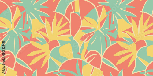 Modern seamless tropical leaf pattern. Stylized palm and exotic foliage in cheerful coral, mint green, and soft yellow, ideal for vibrant summer backgrounds or print