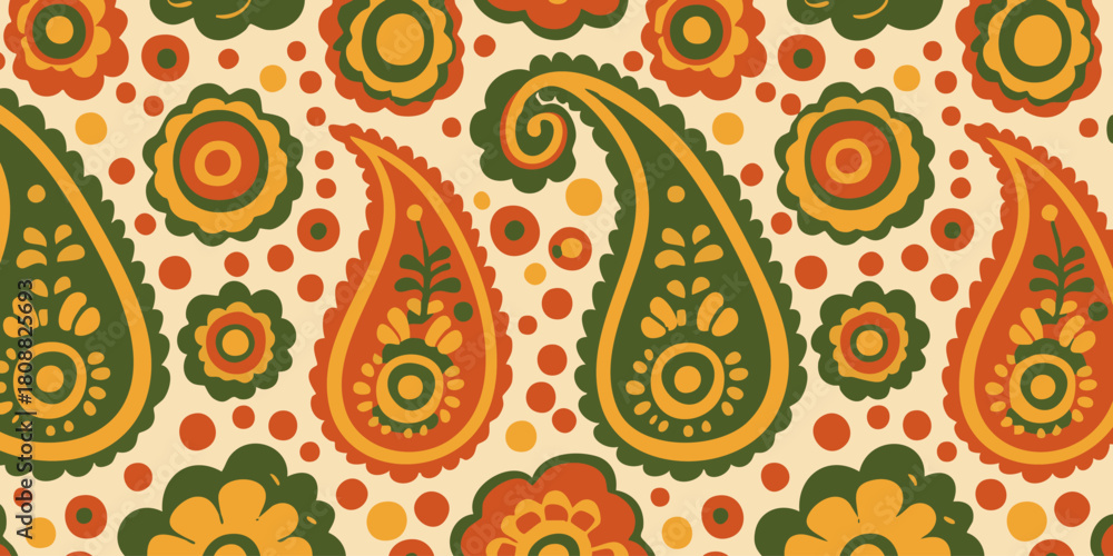 Fototapeta premium Colorful paisley pattern featuring vibrant floral and teardrop-shaped elements, ideal for fabric design