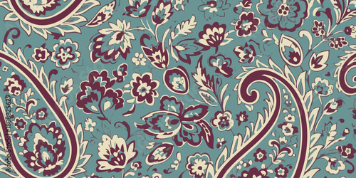 An ornate and detailed concept of a traditional Indian paisley pattern, featuring intricate floral designs in a vintage color palette