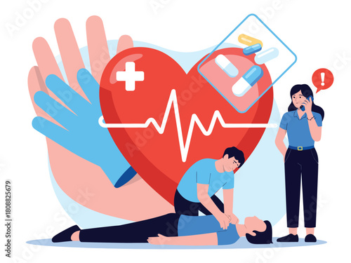 First aid for a heart emergency, emphasizing medical care and life-saving assistance.
