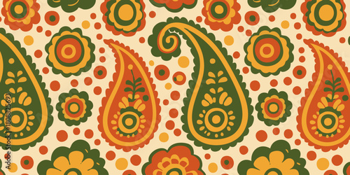 Colorful paisley pattern featuring vibrant floral and teardrop-shaped elements, ideal for fabric design