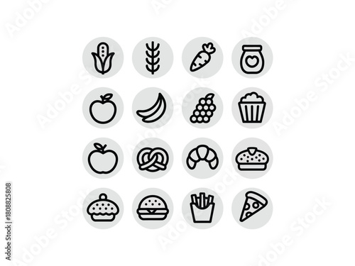 A collection of food icons including fruits, vegetables, and baked goods.