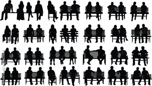 People, bench, silhouette, sitting, interaction, public park, couple, crowd, gesture, pose, outdoor, relationship, social, black, icon, resting, communication, urban, minimal, vector
