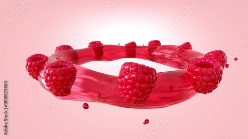 3D rendering of Fresh Raspberries Floating in Red Juice Splash Ring on Pink Background

