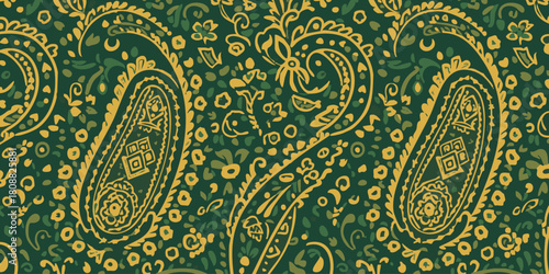 Elegant Paisley Pattern in Deep Green and Mustard Yellow with Intricate Floral Motifs