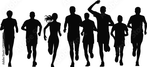Running silhouettes of diverse group, children and adults, outdoor activity, marathon, race, fitness, motion, teamwork, healthy lifestyle, fun run