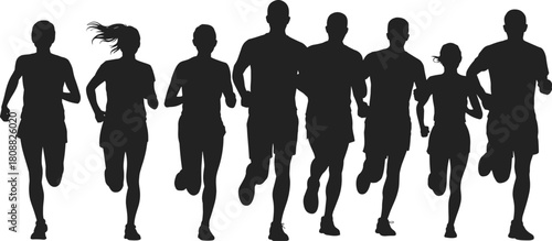 Running silhouettes, group fitness, athletic motion, diverse runners, active lifestyle, teamwork, health, exercise, sports training, dynamic pose, outdoor activity, energy