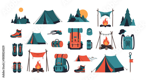 A comprehensive collection of essential camping and hiking equipment for outdoor adventures, featuring tents, campfires, backpacks, and boots.