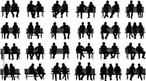 Silhouette people sitting on bench, social interaction poses, couple, friends, family, outdoor scene, minimalist black icons, body language study
