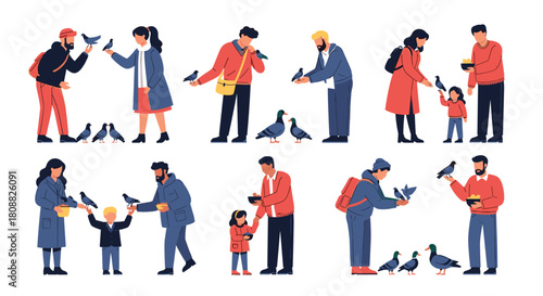 Various people, including men, women, and children, enjoy interacting with and feeding birds like pigeons and ducks in outdoor settings.