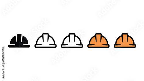 Row of hard hats in various colors against a white background.