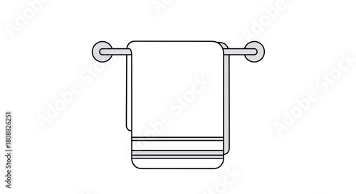 Clean and minimalist vector art depicting a fresh white towel with decorative stripes draped over a shiny metallic towel rack.