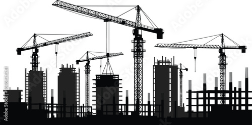 Urban construction site, tower cranes, high-rise buildings, infrastructure development, city growth, engineering project, concrete structure, industrial zone, skyline expansion, architecture progress
