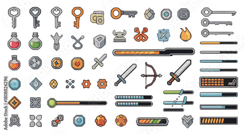 Pixel art game assets collection for fantasy adventure and RPG video games, featuring items, weapons, UI, and progress bars.