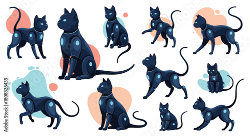 A collection of sleek black robot cats featuring bright blue glowing details, depicted in various playful and static poses on a clean white background.