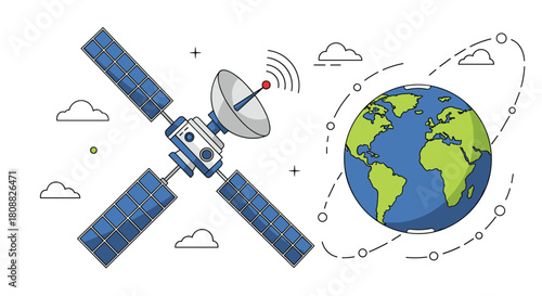 A communication satellite with solar panels orbits Earth, sending out signals for global connectivity and space technology.