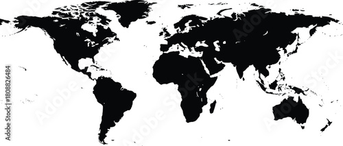 World map silhouette, black and white continents, global geography, minimalist earth design, international borders, vector illustration, no labels, educational