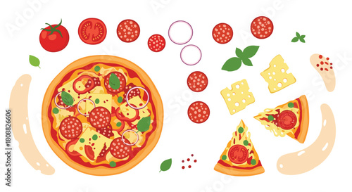Overhead flat lay of a tasty pepperoni pizza, alongside fresh ingredients like tomatoes, cheese, onions, basil, and two slices ready to eat.