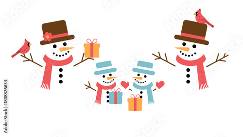 Two pairs of adorable snowmen exchange gifts with cardinal birds watching,