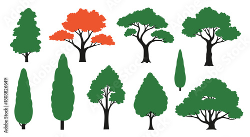 A collection of stylized tree silhouettes in various shapes and sizes, featuring both evergreen and deciduous designs.