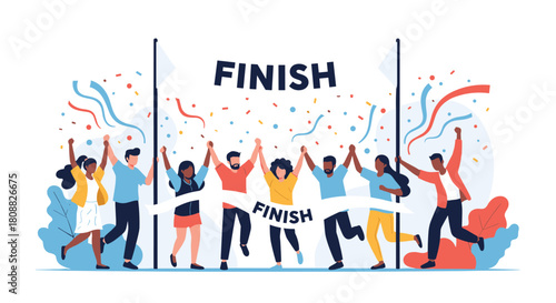 A diverse and joyful team crosses the finish line, celebrating their collective achievement and success with raised arms and confetti.