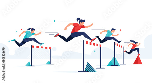 Energetic illustration of diverse athletes jumping hurdles, representing ambition, competition, and progress through life's challenges.