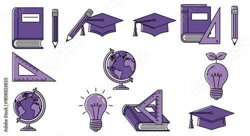 Academic Vector Collection School Essentials, Graduation Caps, Global Learning, and Creative Ideas in Minimalist Purple Line Art