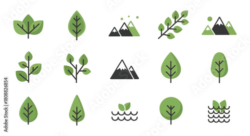 Minimalist nature vector icons diverse green leaves, mountains, and water symbols. Ideal for eco-friendly graphic design, environmental branding, and sustainable digital projects