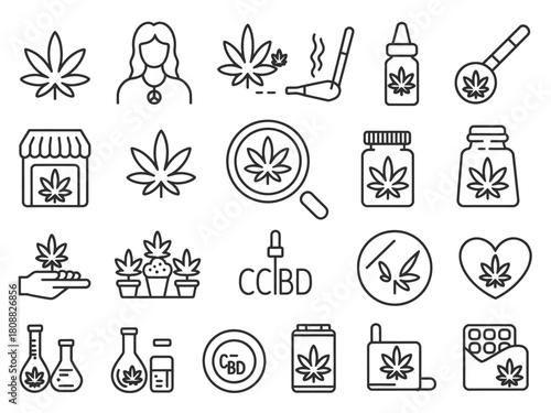 A collection of line art icons representing cannabis products and related concepts.