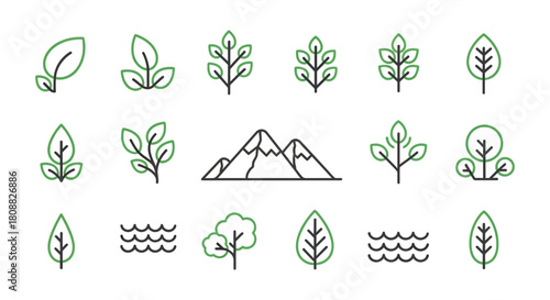 A collection of green and grey line art icons depicting various elements of nature, including trees, leaves, mountains, and water, suitable for eco-friendly and natural themes