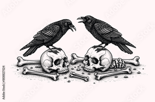 Detailed engraving style raven perched on a human skull