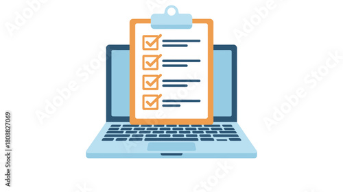 A digital checklist on a laptop screen represents online survey completion and task management.