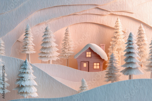Cozy paper cut illustration of a small cabin nestled among snowy pine trees in a layered winter landscape