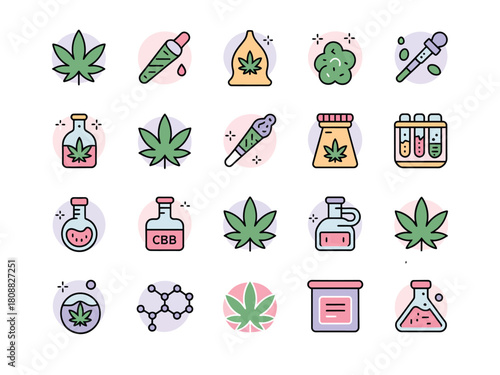 A collection of icons representing cannabis products and scientific research tools.