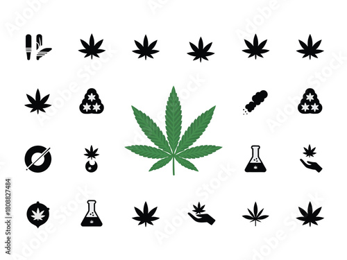 A collection of icons representing cannabis, including leaves, joints, and scientific symbols.