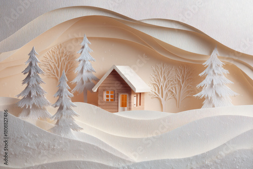 Cozy paper cut illustration of a small cabin nestled among snowy pine trees in a layered winter landscape