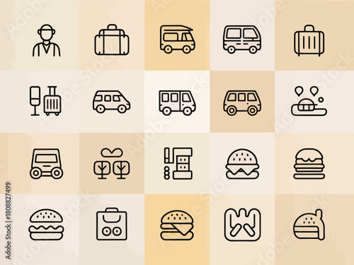 A collage of travel and food icons, including suitcases, vans, and burgers.