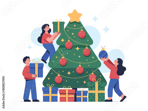 People decorate a Christmas tree and place gifts underneath for the holidays.