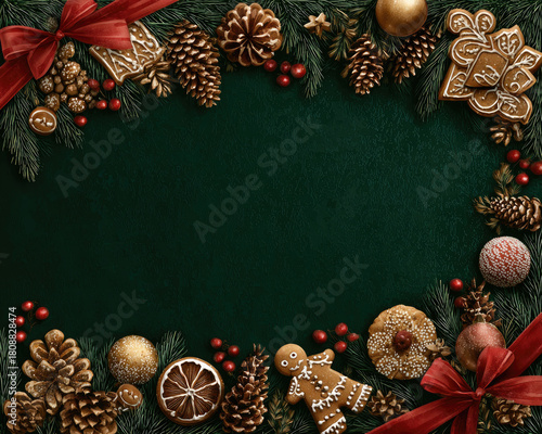 Detailed Christmas border with gingerbread, pine cones, golden ornaments, and red ribbons on a deep green background