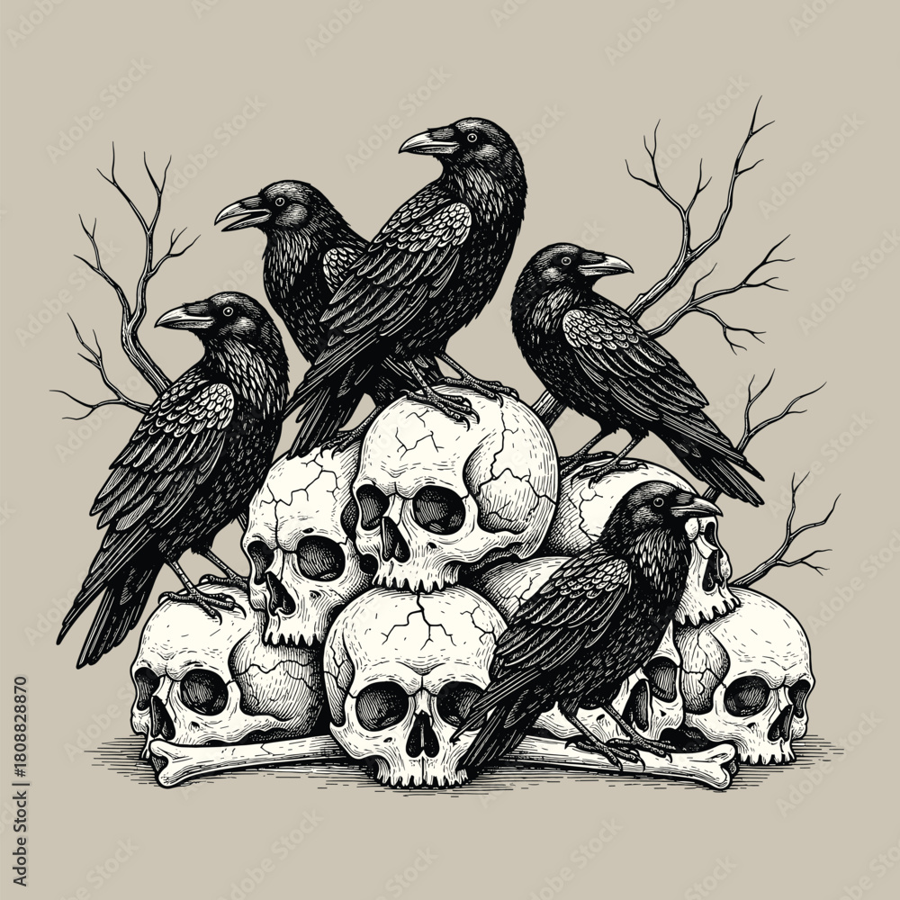 Obraz premium dark gothic illustration of ravens perched on human skulls in vintage engraving style