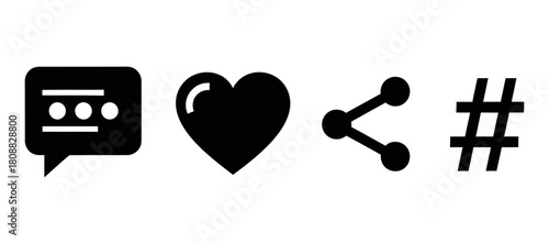 Elevate Engagement Sleek Black Icons for Comments, Likes, Shares, and Hashtags to Boost Your Social Media Presence and Drive Interaction