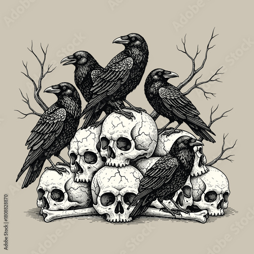 dark gothic illustration of ravens perched on human skulls in vintage engraving style