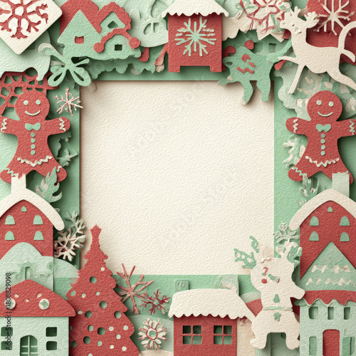 Layered paper cut Christmas frame with gingerbread men, houses, and reindeer in festive red and mint colors