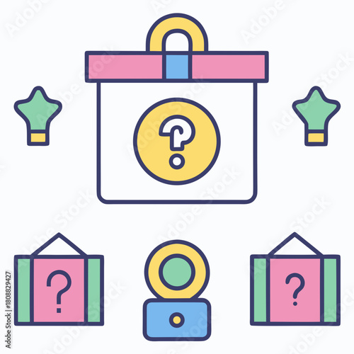 Illustration of a large gift box with a question mark and smaller gift boxes and star shapes around it created with generative ai