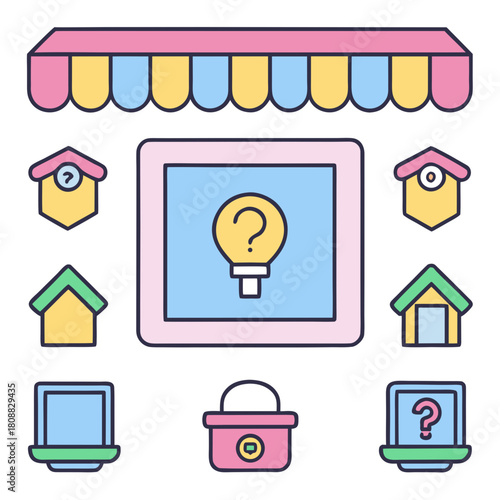 Illustration of a shop front with awning, lightbulb, houses, basket and question mark icons created with generative ai